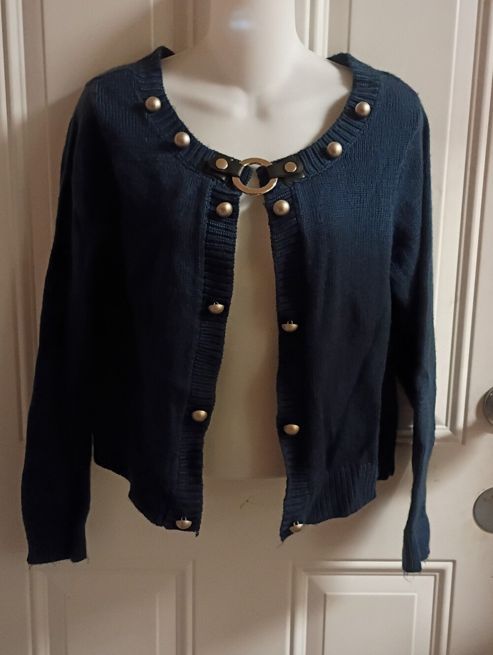 Vintage Navy Faux Button Front Cardigan with Silver Ring Accent Medium